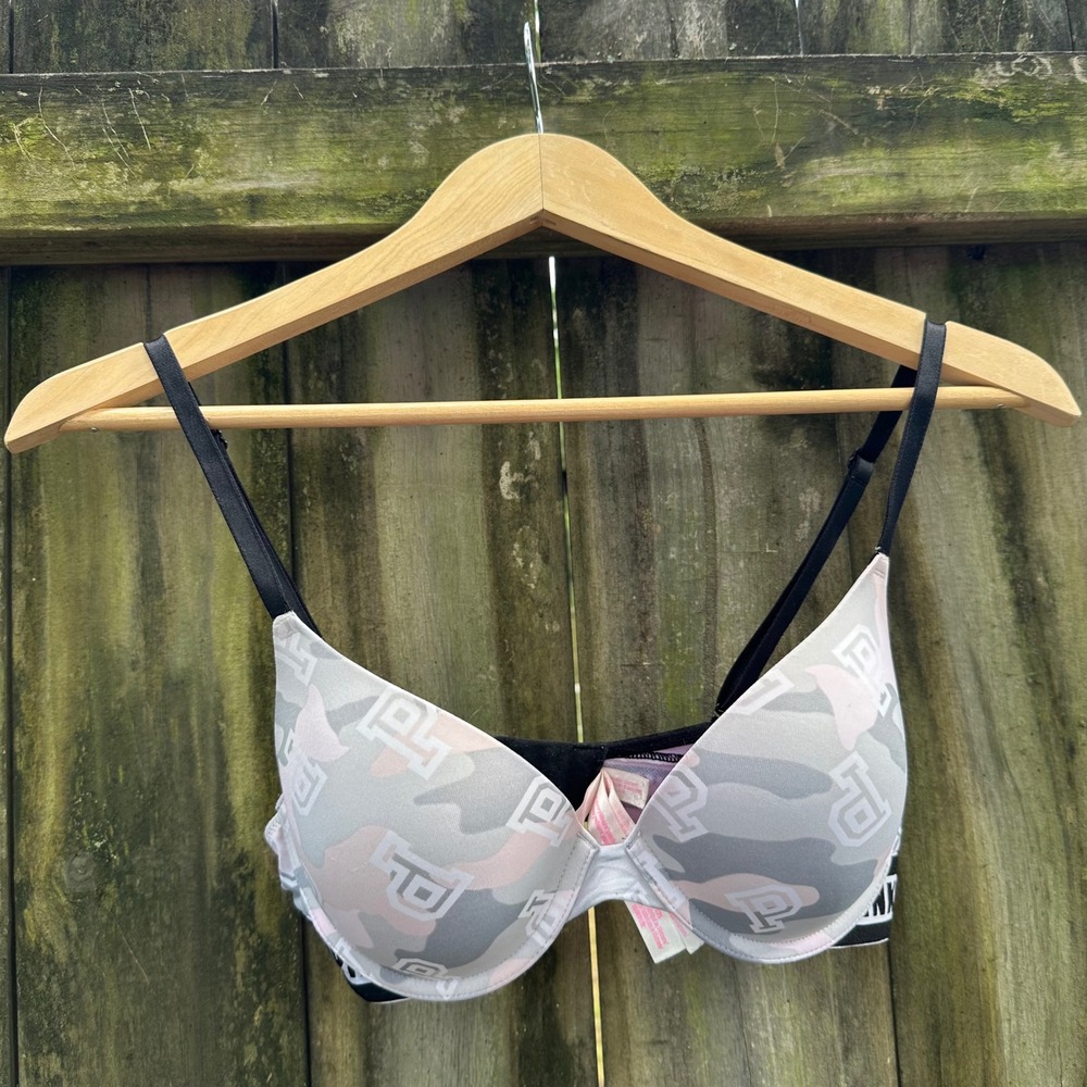PINK Victoria's Secret Wear Everywhere Push Up‎ Bra Size 34C Camo Logo Gray Pink